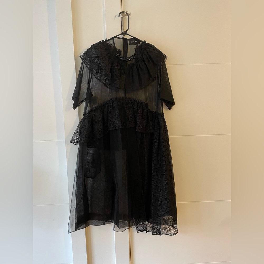 Simone Rocha Sheer Black Beaded Ruffle Dress, UK8/US4
